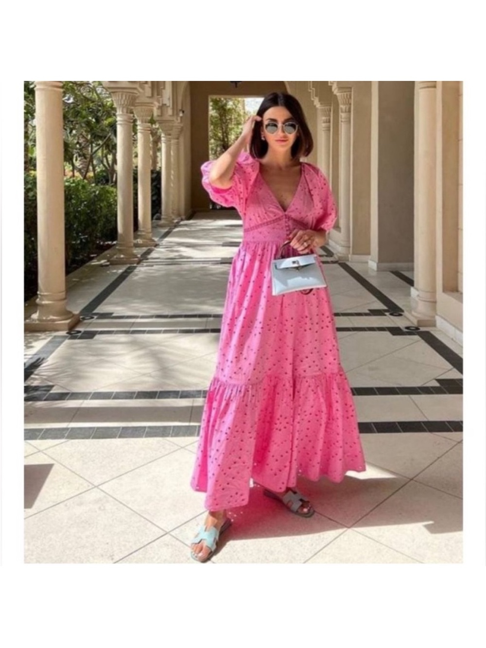 Zara Pink Eyelet Maxi Dress with Puff Sleeves